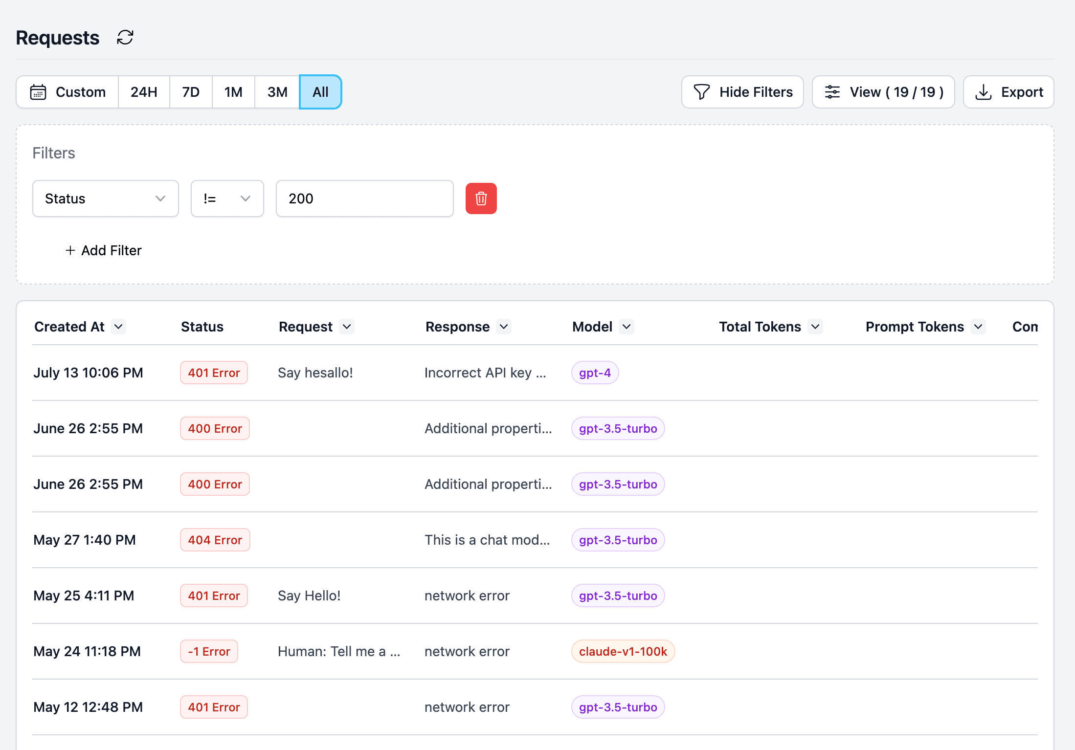 Filter web request results by status code on CoreValue's request
page.