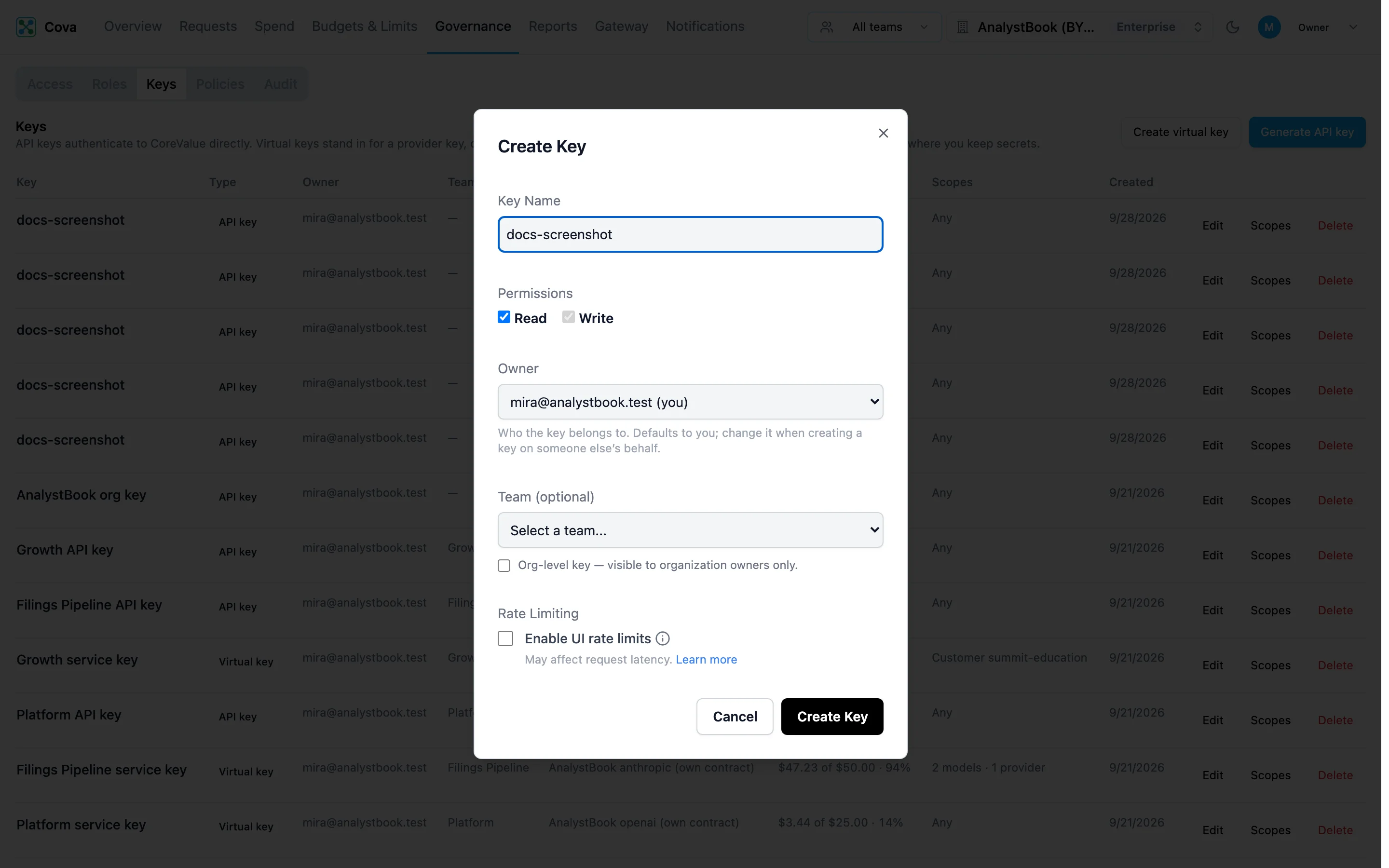 Create Key dialog