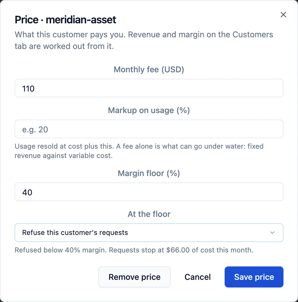 The price dialog with a refusing margin floor