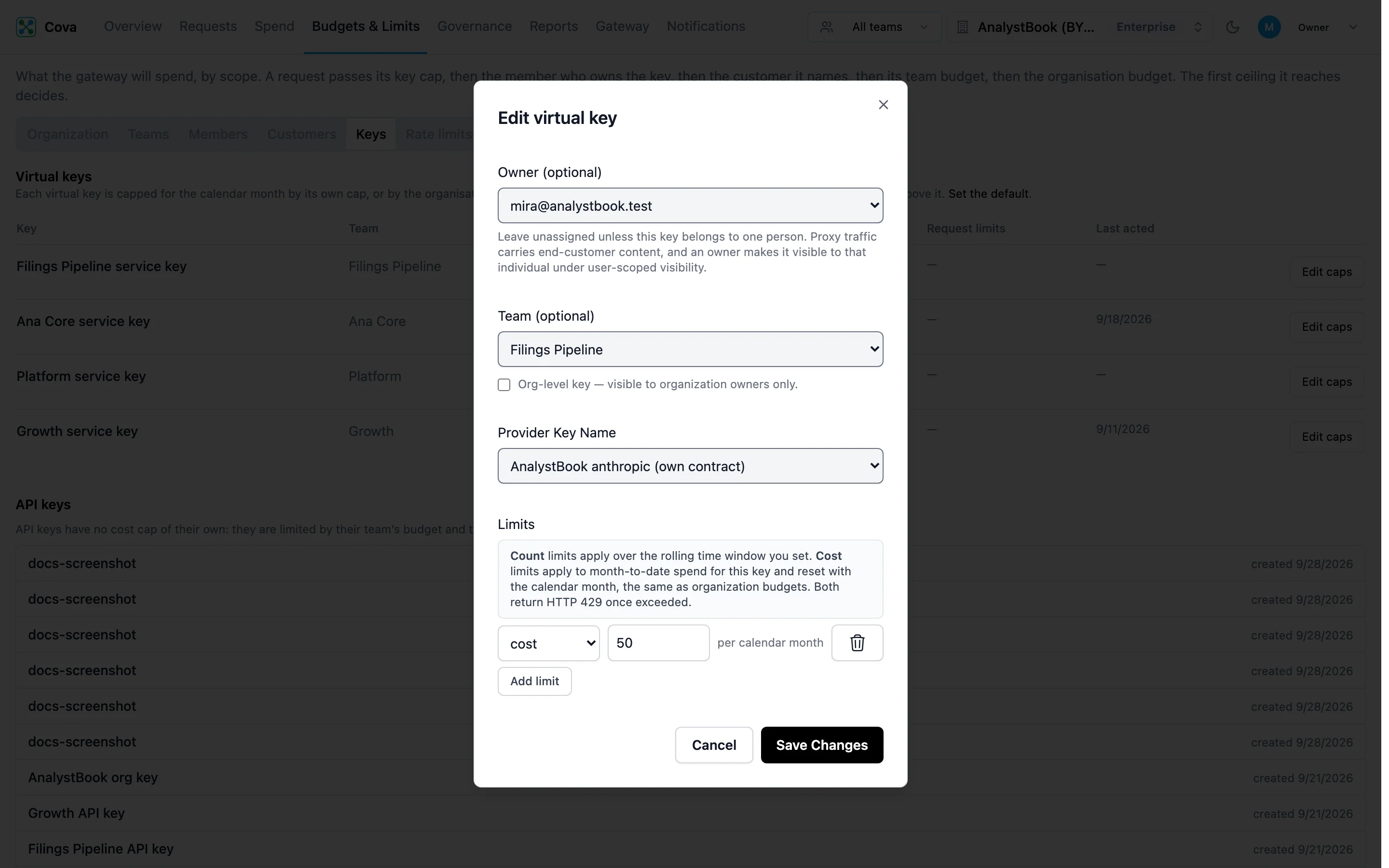 Edit virtual key dialog