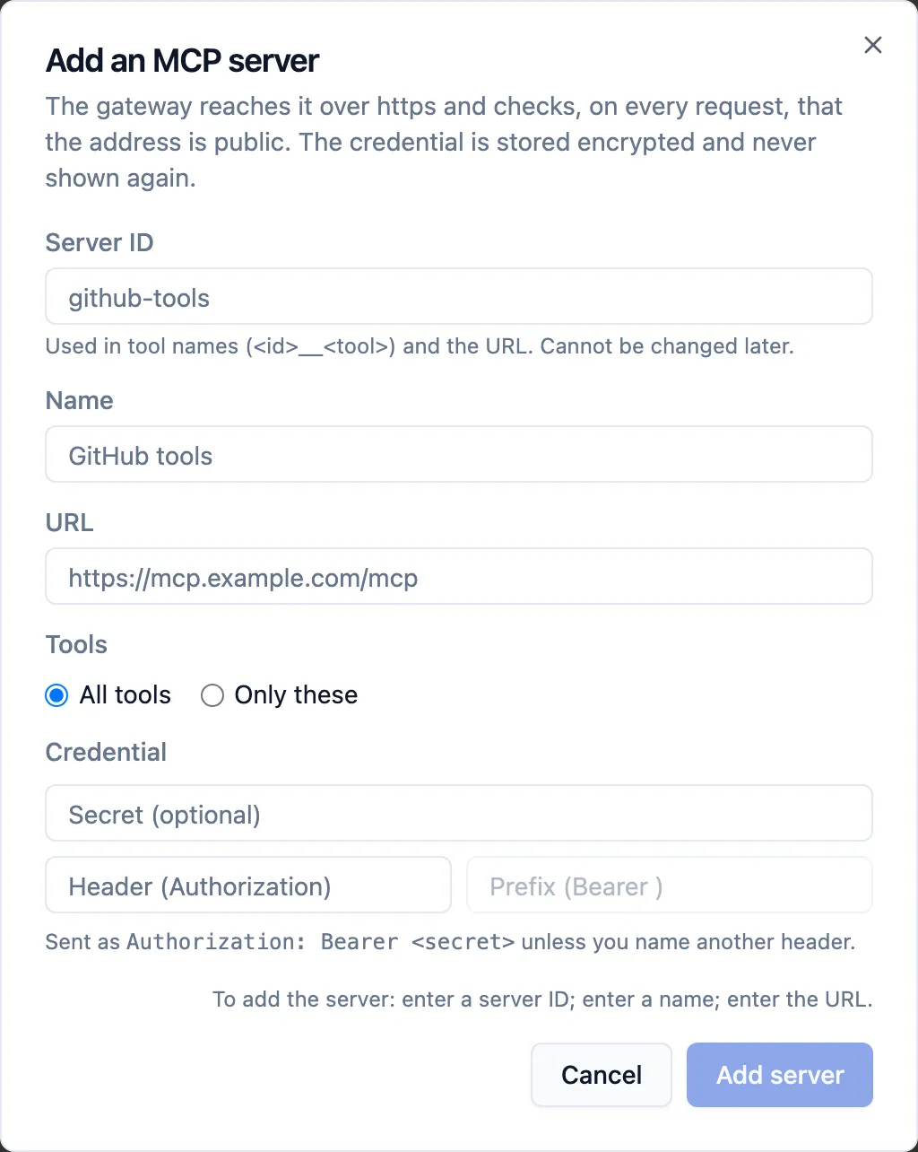 The Add an MCP server dialog