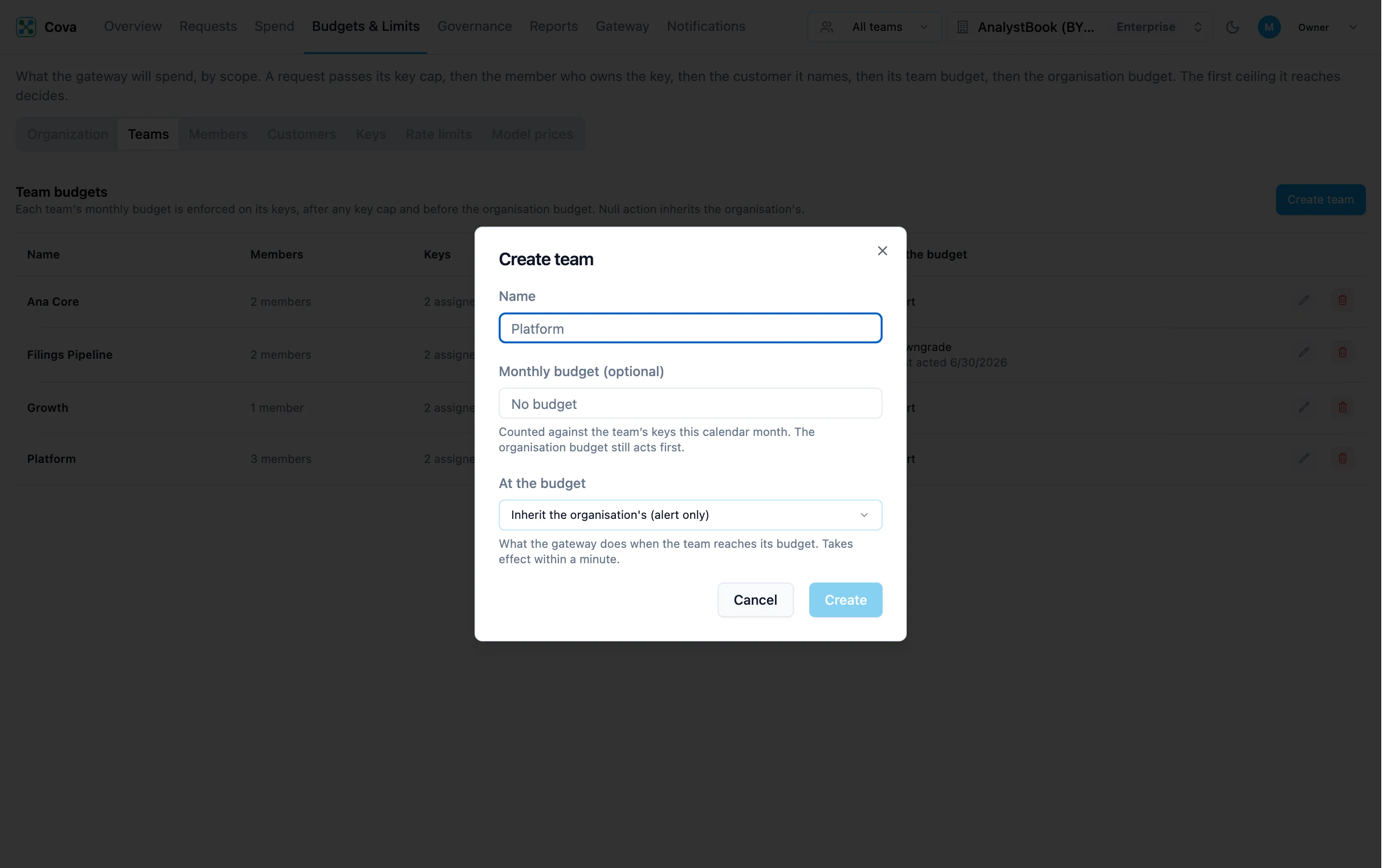 Create team dialog